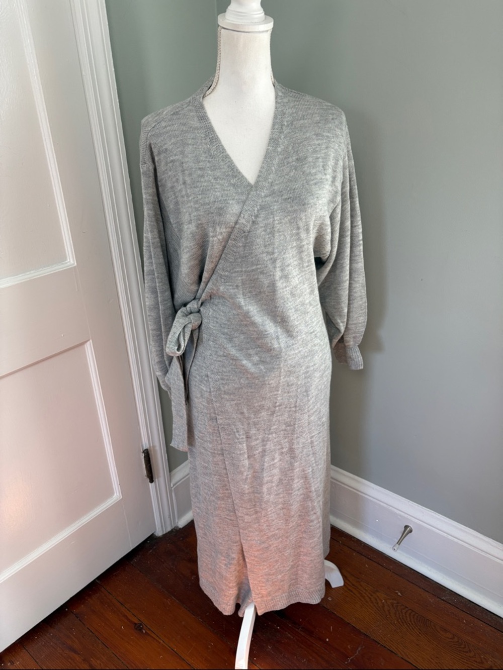 Mable Grey Knit‎ Wrap Maxi Dress with Side Tie Long Sleeve S/M